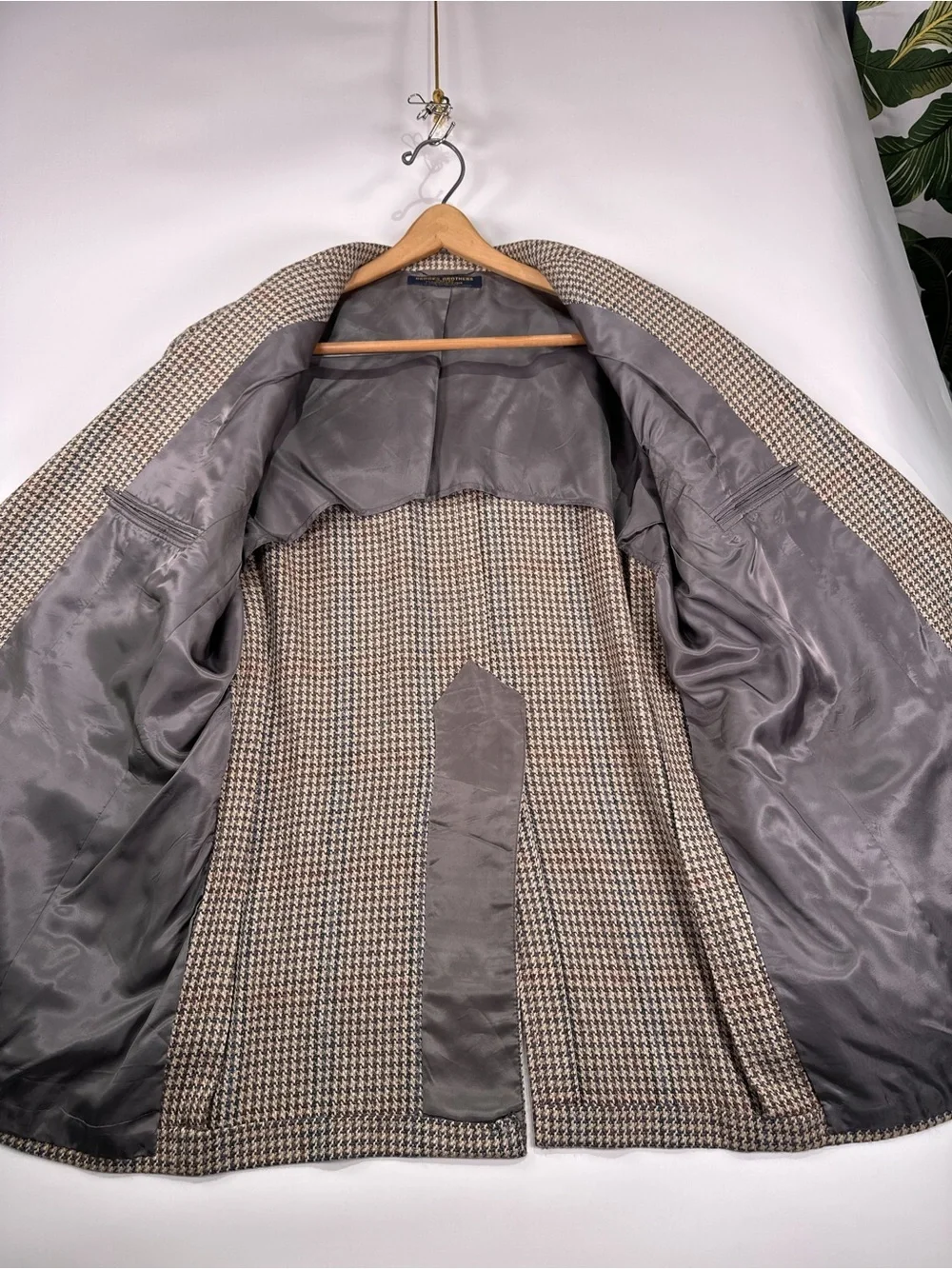 Brooks Brothers Blazer Vintage Silk Wool Houndstooth Plaid Brown Blue 46R